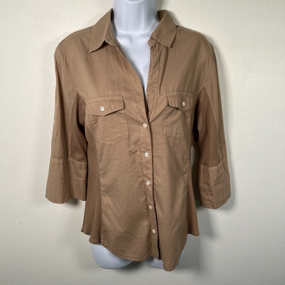 James Perse Standard Womens Button Down Shirt XL 4 Roll Tab Pockets Cotton Brown - Picture 1 of 12